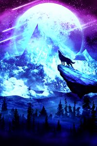 Preview wallpaper wolf, moon, night, mountains, art